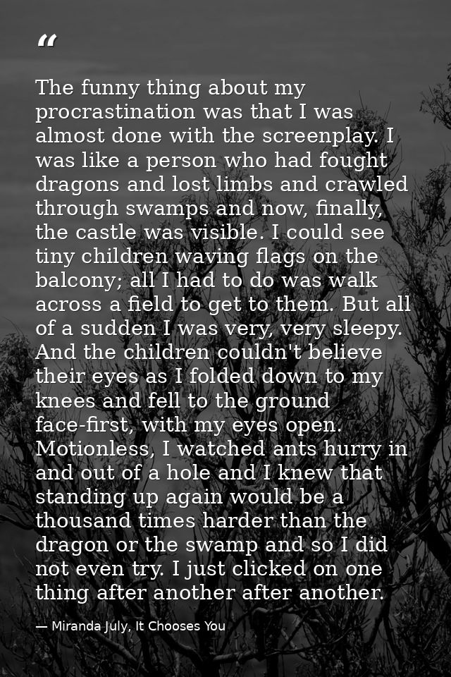 The funny thing about my procrastination was that I was almost done with the screenplay. I was like a person who had fou — Miranda July, It Chooses You