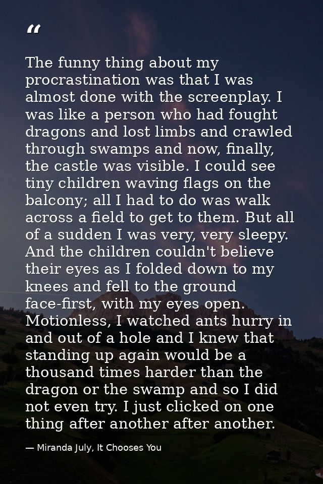 The funny thing about my procrastination was that I was almost done with the screenplay. I was like a person who had fou — Miranda July, It Chooses You