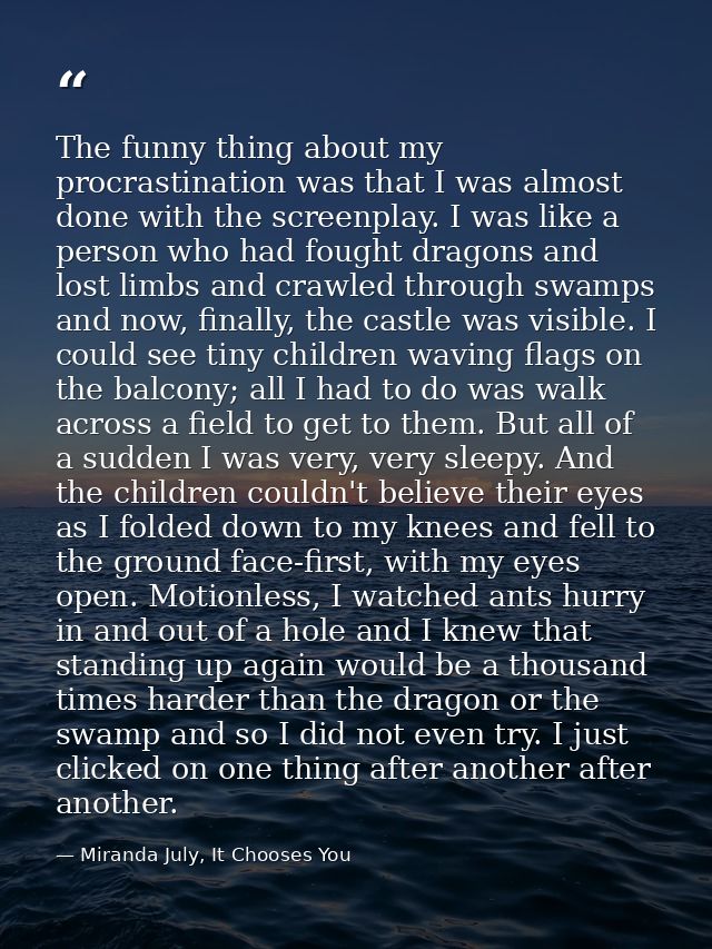 The funny thing about my procrastination was that I was almost done with the screenplay. I was like a person who had fou — Miranda July, It Chooses You