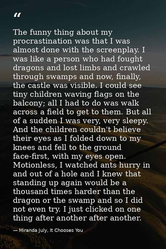 The funny thing about my procrastination was that I was almost done with the screenplay. I was like a person who had fou — Miranda July, It Chooses You