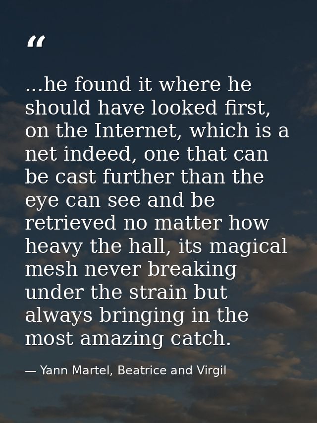 ...he found it where he should have looked first, on the Internet, which is a net indeed, one that can be cast further t — Yann Martel, Beatrice and Virgil