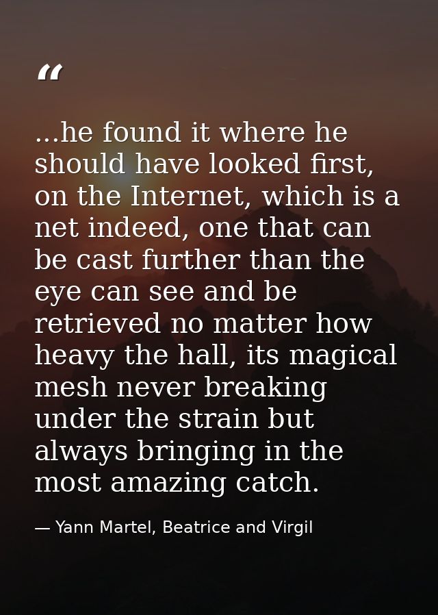 ...he found it where he should have looked first, on the Internet, which is a net indeed, one that can be cast further t — Yann Martel, Beatrice and Virgil