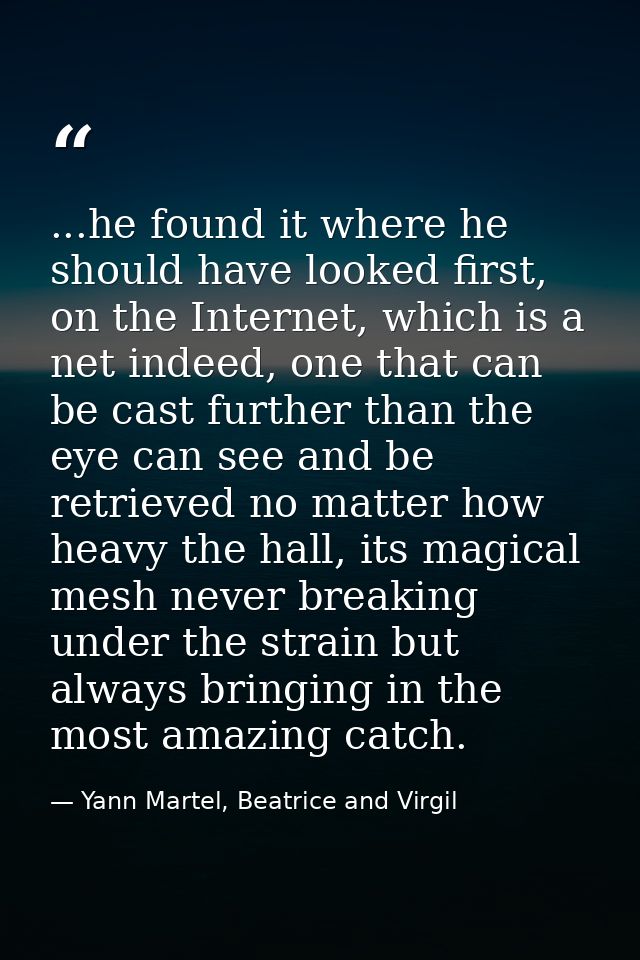 ...he found it where he should have looked first, on the Internet, which is a net indeed, one that can be cast further t — Yann Martel, Beatrice and Virgil