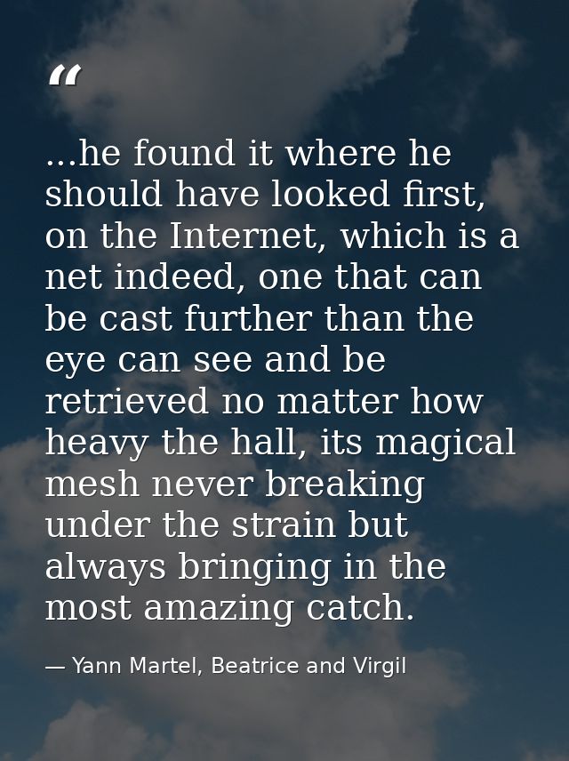 ...he found it where he should have looked first, on the Internet, which is a net indeed, one that can be cast further t — Yann Martel, Beatrice and Virgil