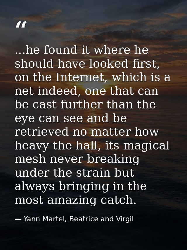 ...he found it where he should have looked first, on the Internet, which is a net indeed, one that can be cast further t — Yann Martel, Beatrice and Virgil