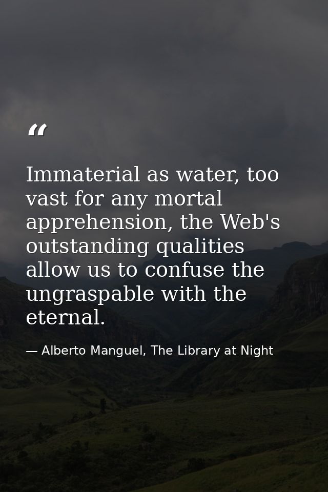 Immaterial as water, too vast for any mortal apprehension, the Web's outstanding qualities allow us to confuse the ungra — Alberto Manguel, The Library at Night