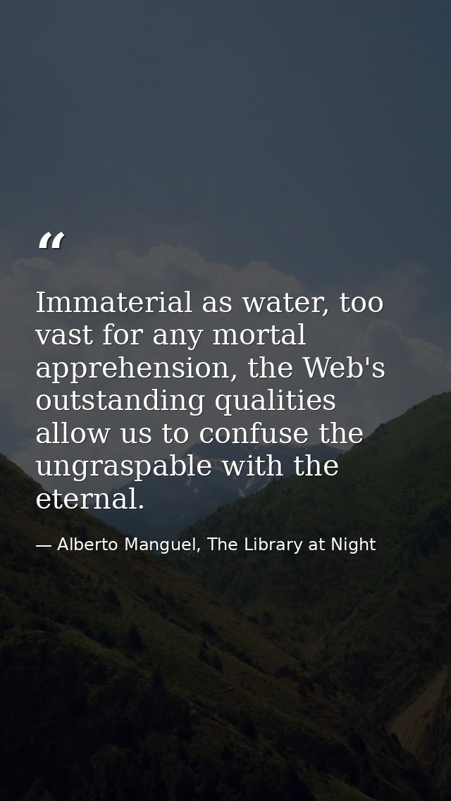 Immaterial as water, too vast for any mortal apprehension, the Web's outstanding qualities allow us to confuse the ungra — Alberto Manguel, The Library at Night