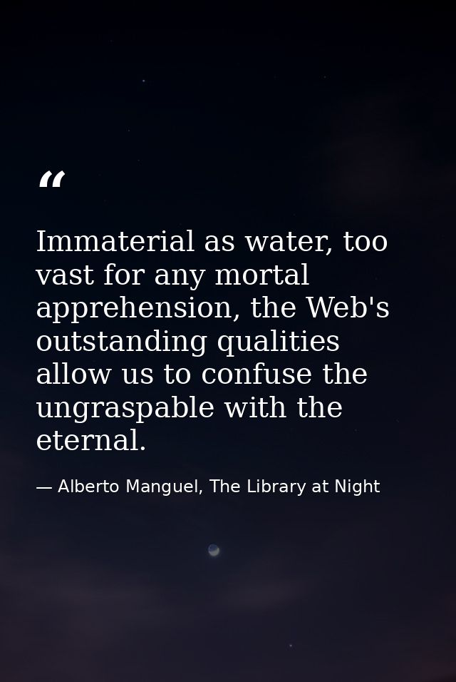 Immaterial as water, too vast for any mortal apprehension, the Web's outstanding qualities allow us to confuse the ungra — Alberto Manguel, The Library at Night