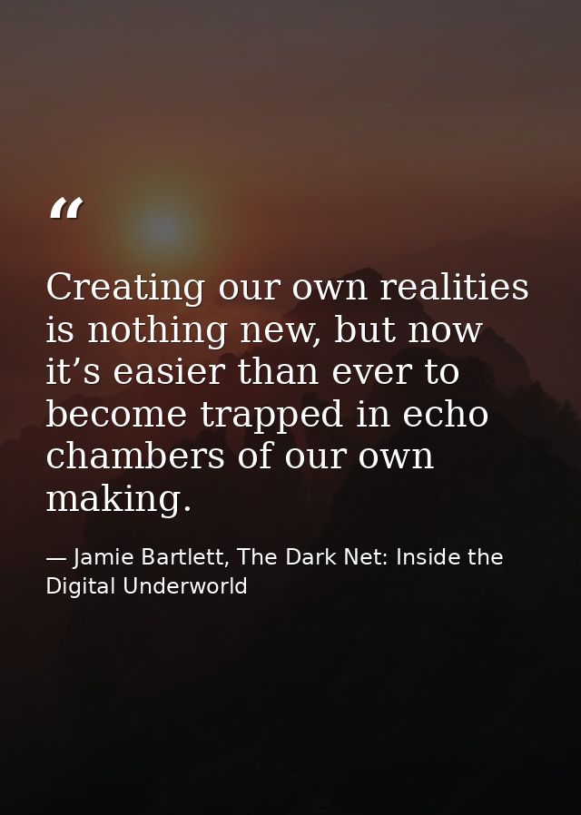 Creating our own realities is nothing new, but now it’s easier than ever to become trapped in echo chambers of our own m — Jamie Bartlett, The Dark Net: Inside the Digital Underworld