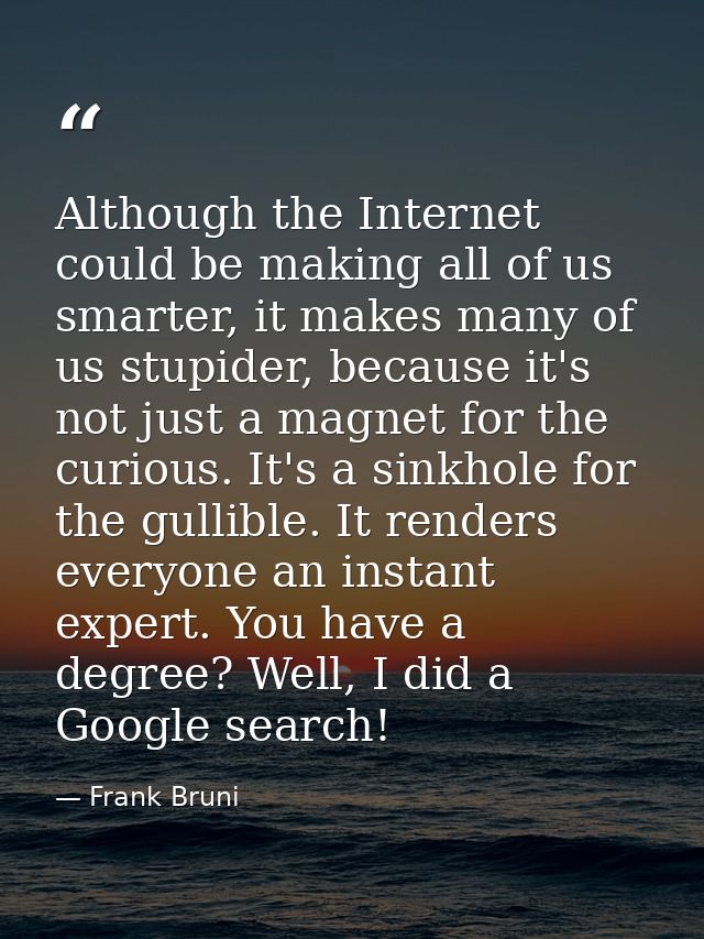 Although the Internet could be making all of us smarter, it makes many of us stupider, because it's not just a magnet fo — Frank Bruni