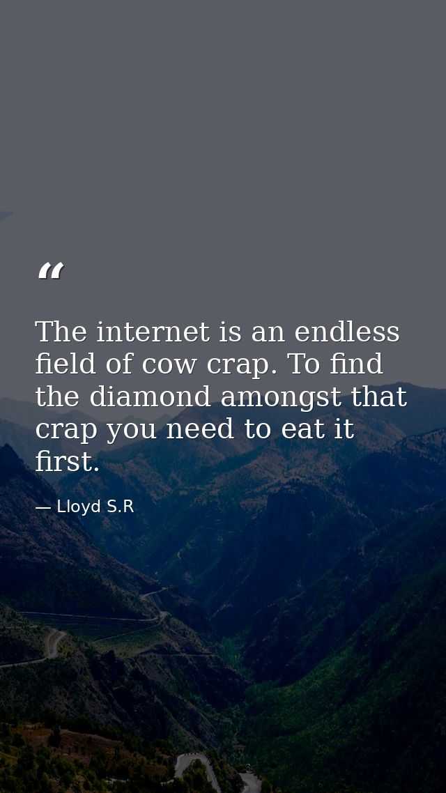 The internet is an endless field of cow crap. To find the diamond amongst that crap you need to eat it first. — Lloyd S.R