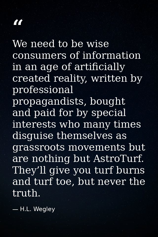 We need to be wise consumers of information in an age of artificially created reality, written by professional propagand — H.L. Wegley