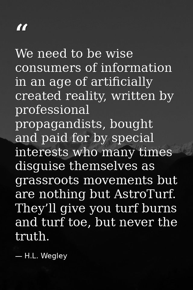 We need to be wise consumers of information in an age of artificially created reality, written by professional propagand — H.L. Wegley