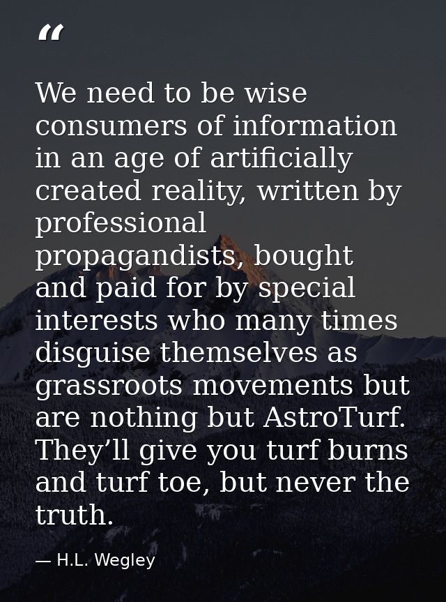 We need to be wise consumers of information in an age of artificially created reality, written by professional propagand — H.L. Wegley