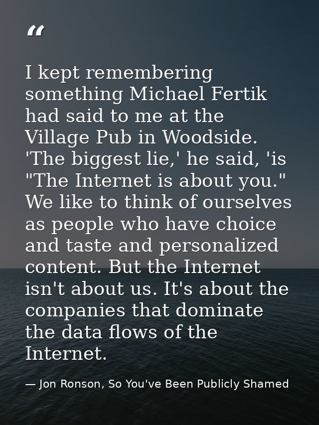 I kept remembering something Michael Fertik had said to me at the Village Pub in Woodside. 'The biggest lie,' he said, ' — Jon Ronson, So You've Been Publicly Shamed