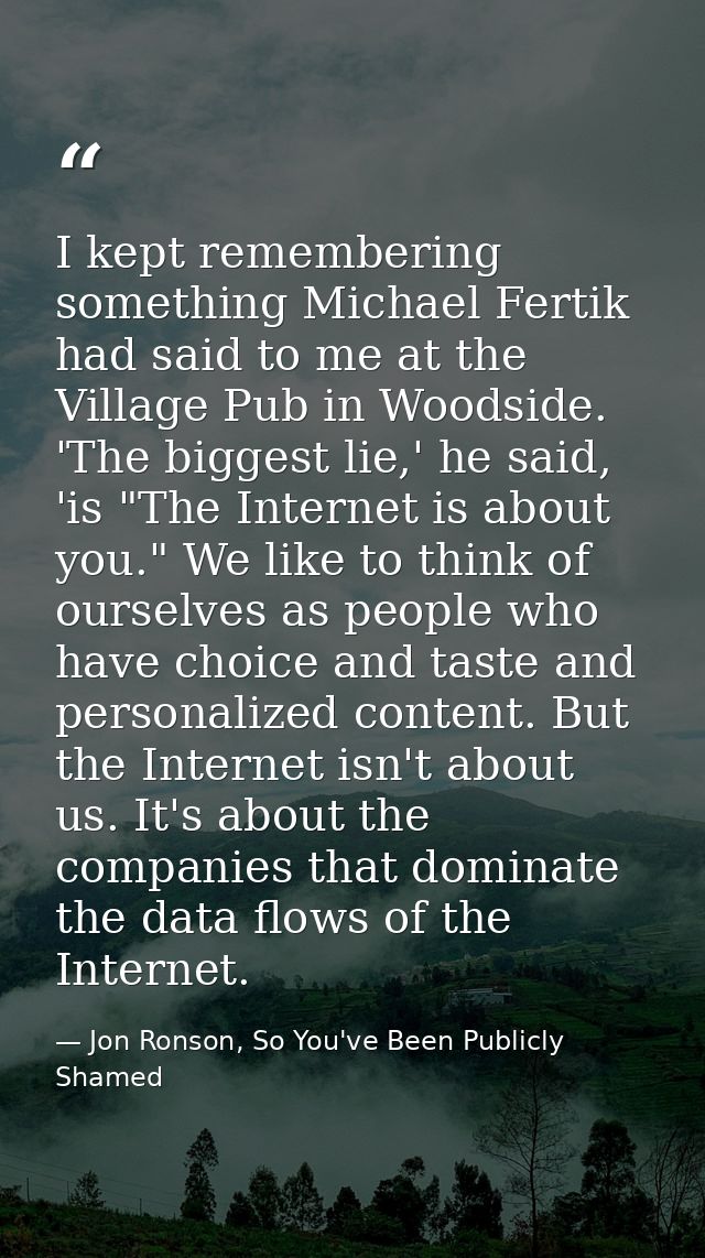 I kept remembering something Michael Fertik had said to me at the Village Pub in Woodside. 'The biggest lie,' he said, ' — Jon Ronson, So You've Been Publicly Shamed