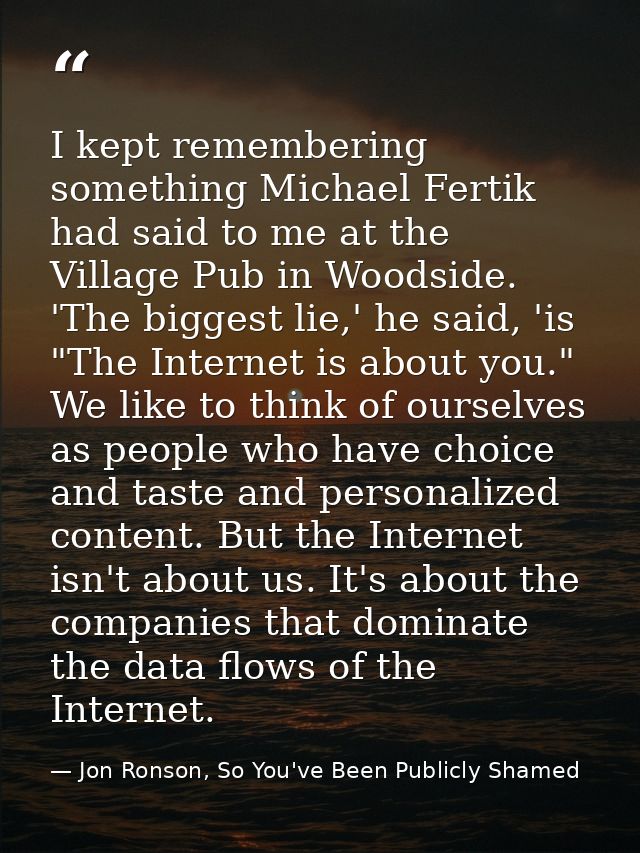 I kept remembering something Michael Fertik had said to me at the Village Pub in Woodside. 'The biggest lie,' he said, ' — Jon Ronson, So You've Been Publicly Shamed