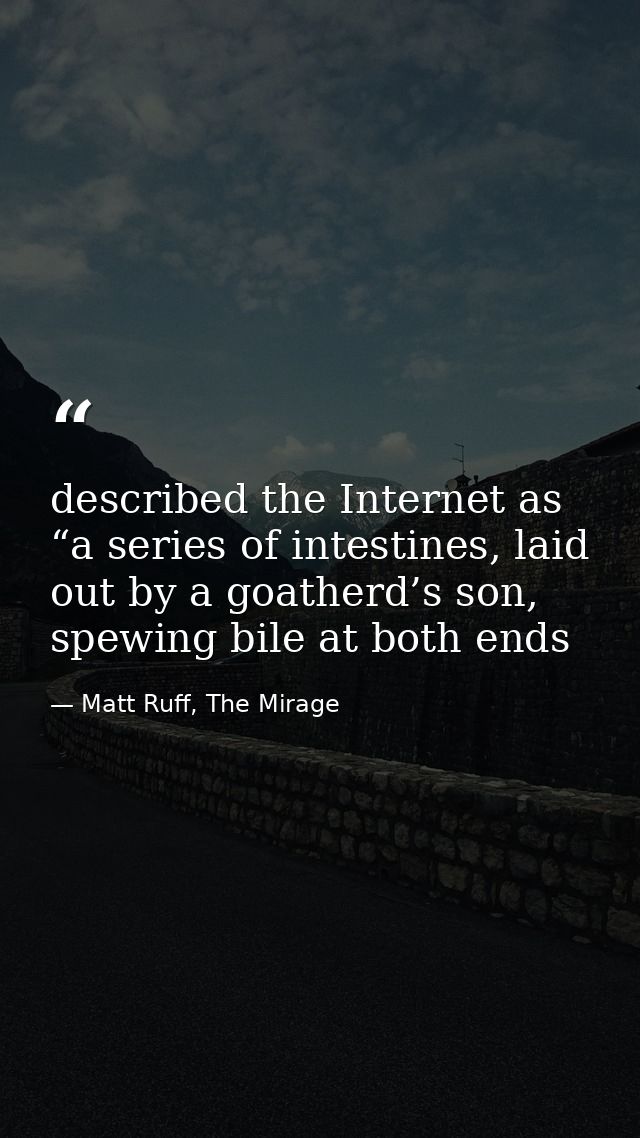 described the Internet as “a series of intestines, laid out by a goatherd’s son, spewing bile at both ends — Matt Ruff, The Mirage