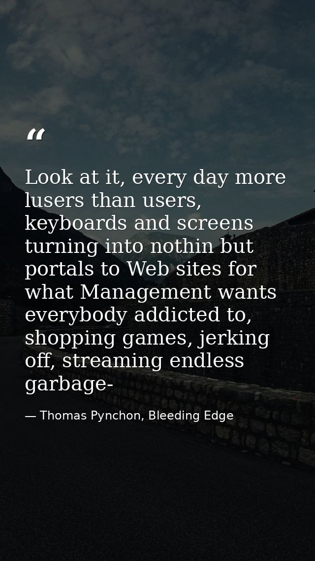 Look at it, every day more lusers than users, keyboards and screens turning into nothin but portals to Web sites for wha — Thomas Pynchon, Bleeding Edge