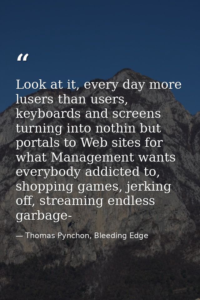 Look at it, every day more lusers than users, keyboards and screens turning into nothin but portals to Web sites for wha — Thomas Pynchon, Bleeding Edge