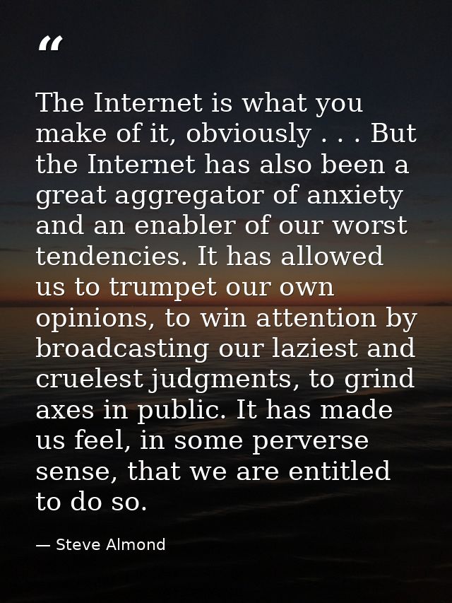 The Internet is what you make of it, obviously . . . But the Internet has also been a great aggregator of anxiety and an — Steve Almond