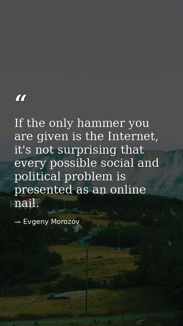 If the only hammer you are given is the Internet, it's not surprising that every possible social and political problem i — Evgeny Morozov