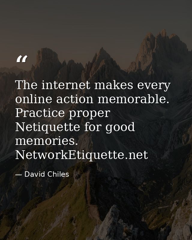 The internet makes every online action memorable. Practice proper Netiquette for good memories. NetworkEtiquette.net — David Chiles