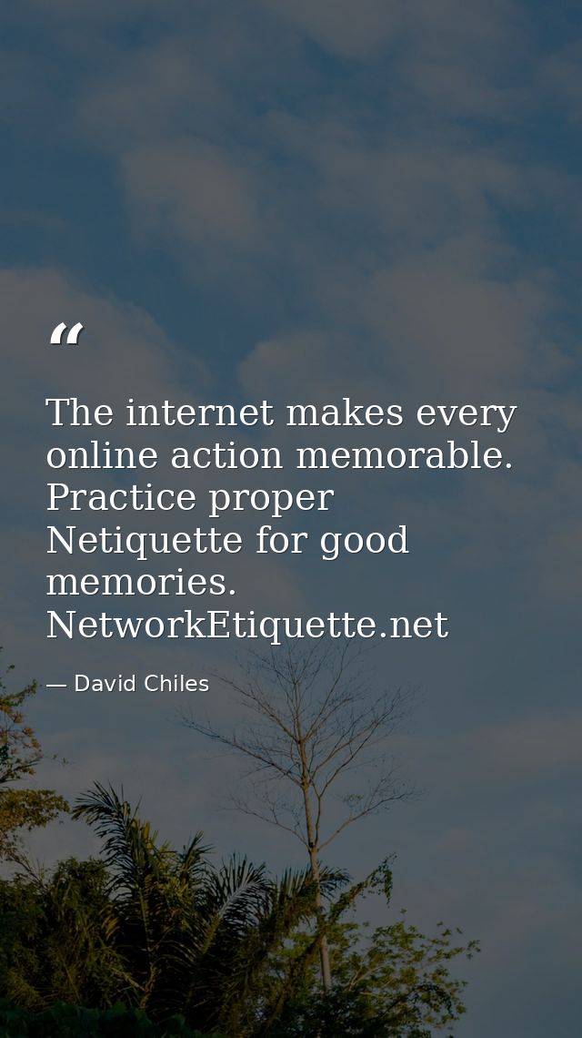 The internet makes every online action memorable. Practice proper Netiquette for good memories. NetworkEtiquette.net — David Chiles