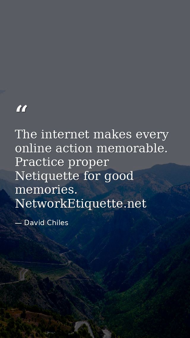 The internet makes every online action memorable. Practice proper Netiquette for good memories. NetworkEtiquette.net — David Chiles