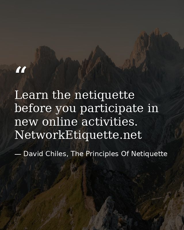 Learn the netiquette before you participate in new online activities. NetworkEtiquette.net — David Chiles, The Principles Of Netiquette