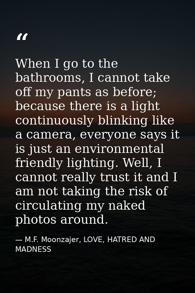 When I go to the bathrooms, I cannot take off my pants as before; because there is a light continuously blinking like a  — M.F. Moonzajer, LOVE, HATRED AND MADNESS