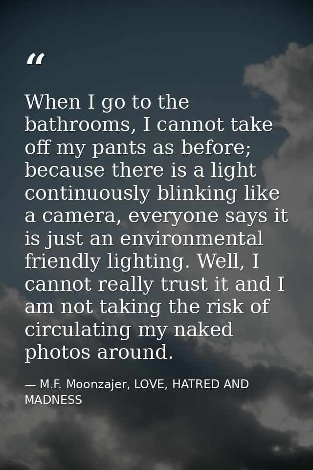 When I go to the bathrooms, I cannot take off my pants as before; because there is a light continuously blinking like a  — M.F. Moonzajer, LOVE, HATRED AND MADNESS