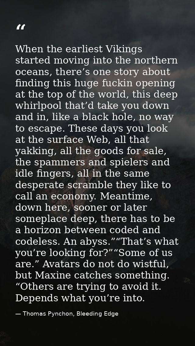 When the earliest Vikings started moving into the northern oceans, there’s one story about finding this huge fuckin open — Thomas Pynchon, Bleeding Edge