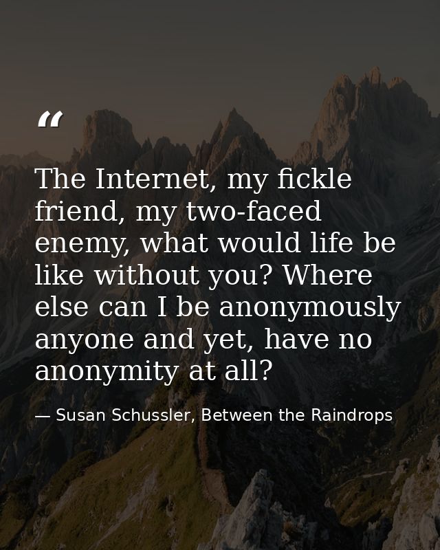 The Internet, my fickle friend, my two-faced enemy, what would life be like without you? Where else can I be anonymously — Susan Schussler, Between the Raindrops