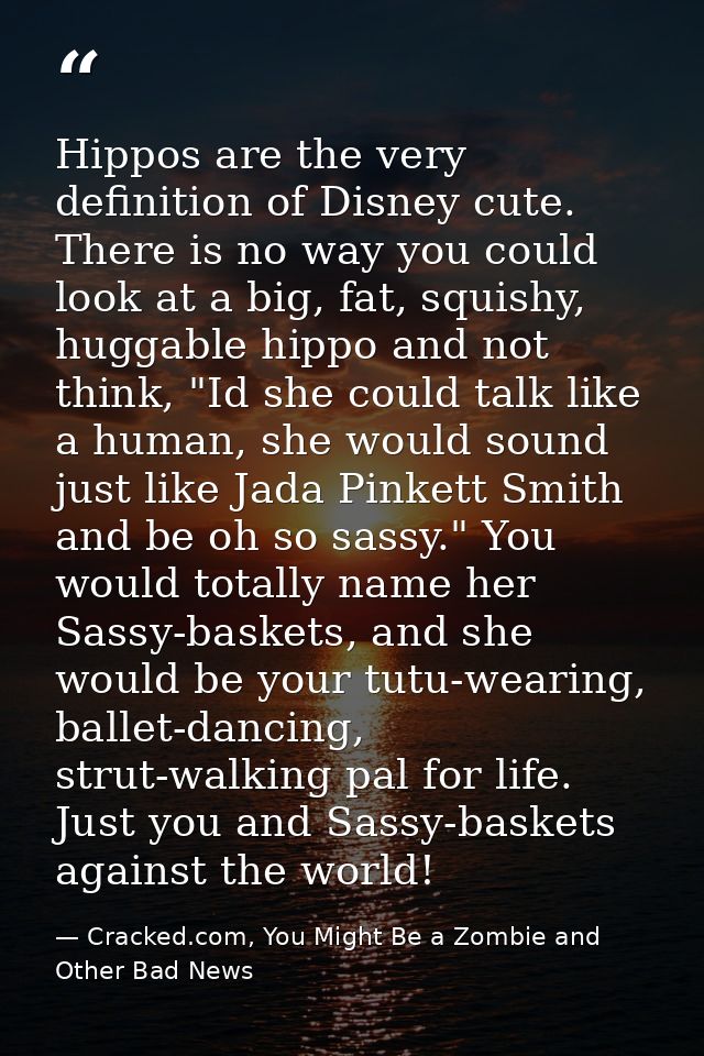 Hippos are the very definition of Disney cute. There is no way you could look at a big, fat, squishy, huggable hippo and — Cracked.com, You Might Be a Zombie and Other Bad News