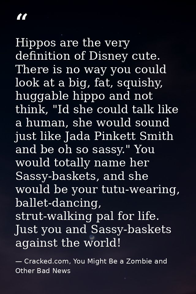 Hippos are the very definition of Disney cute. There is no way you could look at a big, fat, squishy, huggable hippo and — Cracked.com, You Might Be a Zombie and Other Bad News