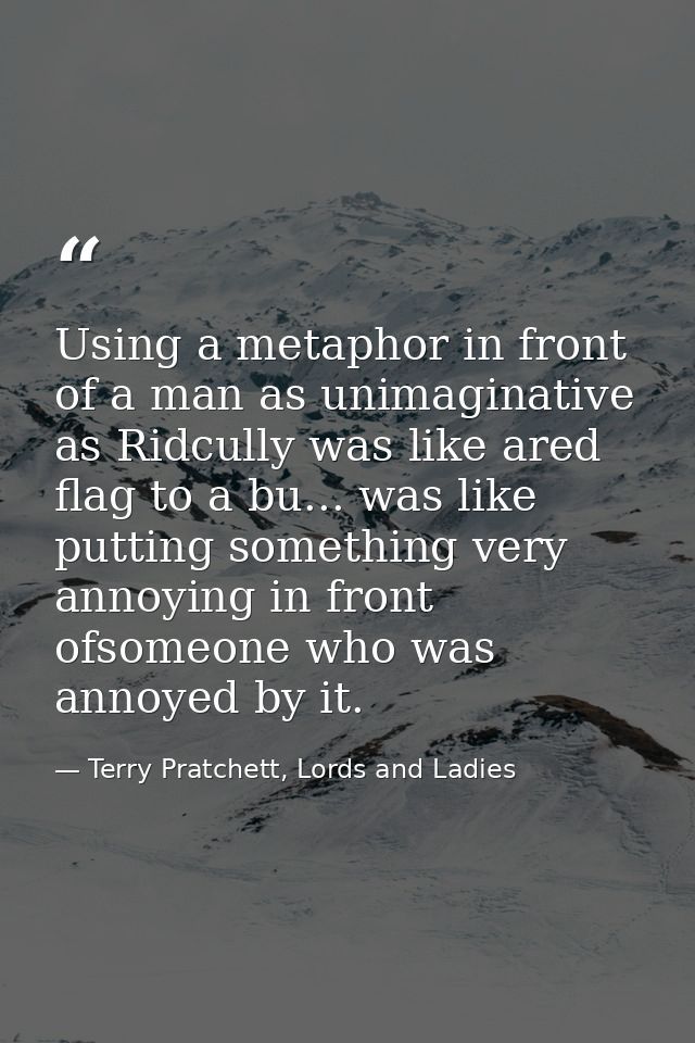 Using a metaphor in front of a man as unimaginative as Ridcully was like ared flag to a bu... was like putting something — Terry Pratchett, Lords and Ladies