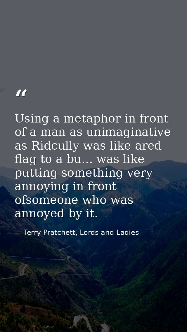 Using a metaphor in front of a man as unimaginative as Ridcully was like ared flag to a bu... was like putting something — Terry Pratchett, Lords and Ladies