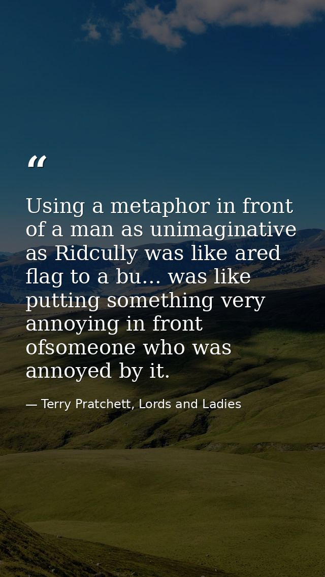 Using a metaphor in front of a man as unimaginative as Ridcully was like ared flag to a bu... was like putting something — Terry Pratchett, Lords and Ladies