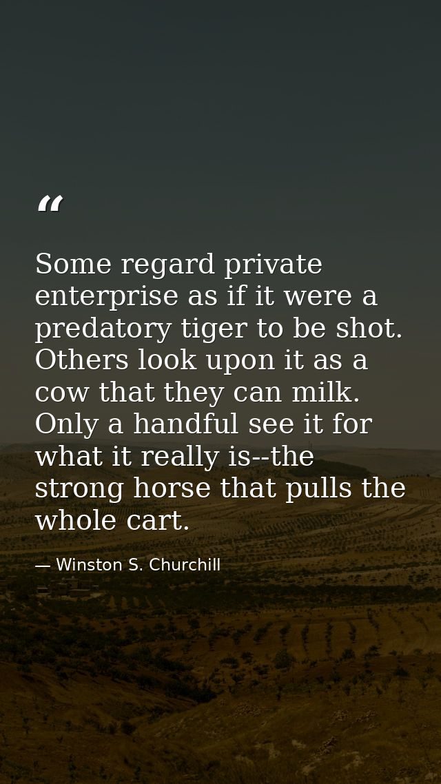 Some regard private enterprise as if it were a predatory tiger to be shot. Others look upon it as a cow that they can mi — Winston S. Churchill