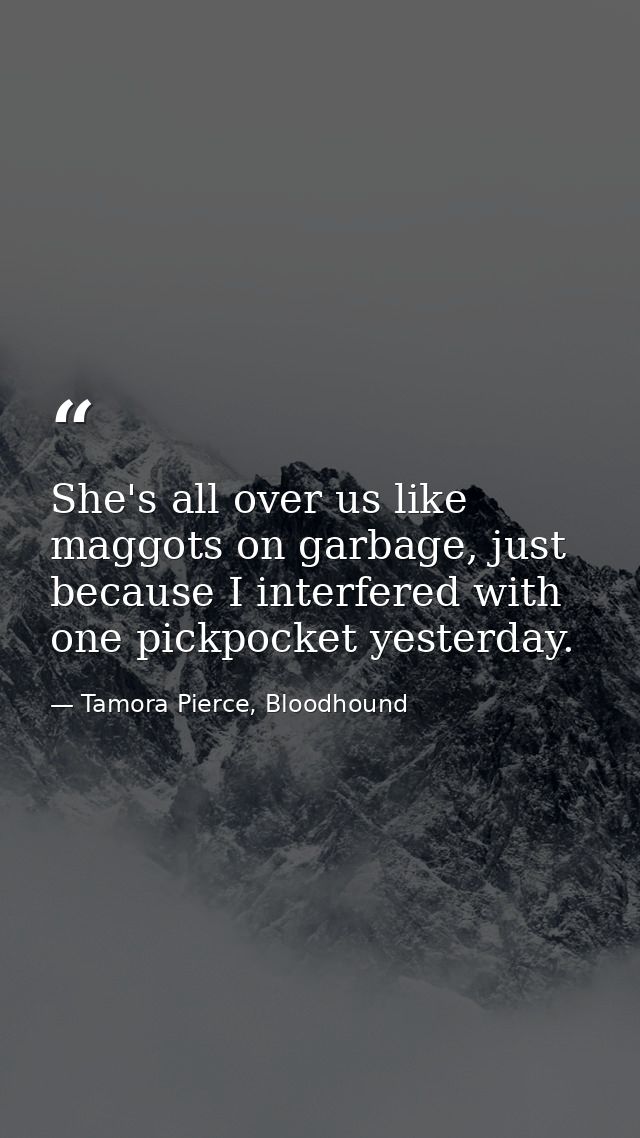She's all over us like maggots on garbage, just because I interfered with one pickpocket yesterday. — Tamora Pierce, Bloodhound