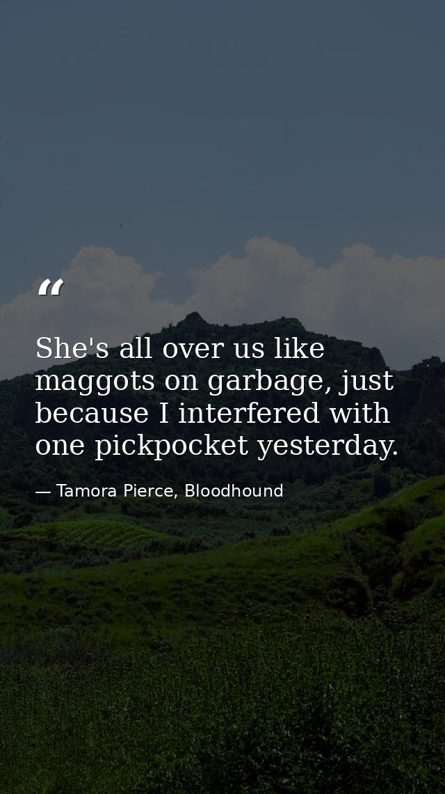 She's all over us like maggots on garbage, just because I interfered with one pickpocket yesterday. — Tamora Pierce, Bloodhound