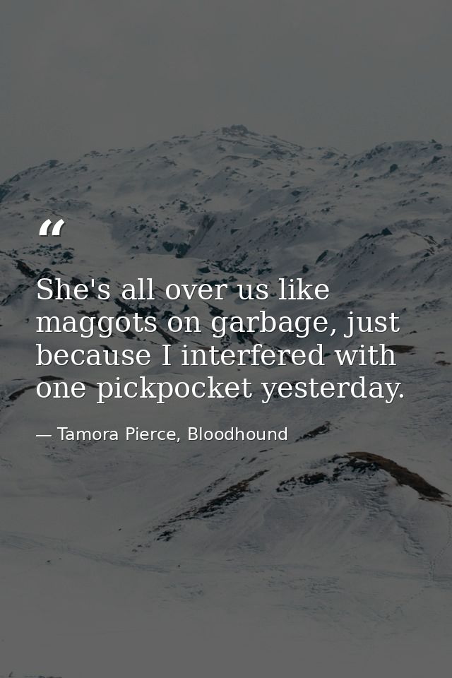 She's all over us like maggots on garbage, just because I interfered with one pickpocket yesterday. — Tamora Pierce, Bloodhound