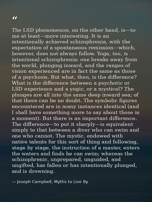 The LSD phenomenon, on the other hand, is—to me at least—more interesting. It is an intentionally achieved schizophrenia — Joseph Campbell, Myths to Live By