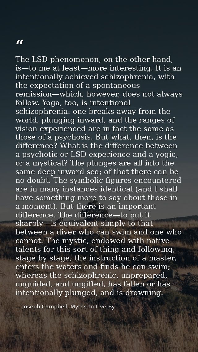 The LSD phenomenon, on the other hand, is—to me at least—more interesting. It is an intentionally achieved schizophrenia — Joseph Campbell, Myths to Live By