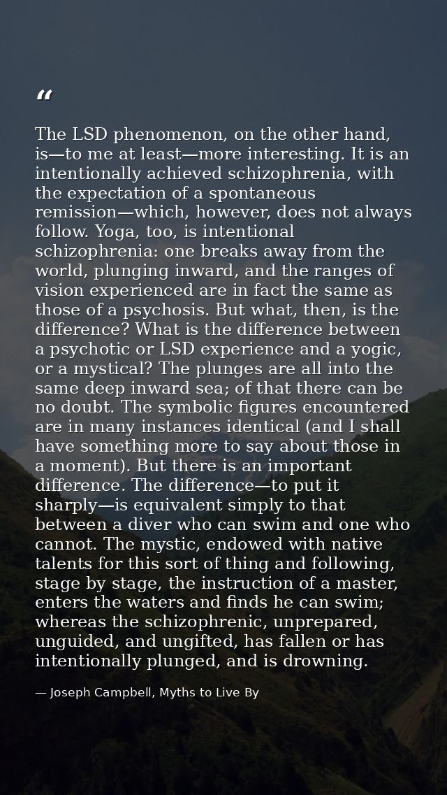 The LSD phenomenon, on the other hand, is—to me at least—more interesting. It is an intentionally achieved schizophrenia — Joseph Campbell, Myths to Live By