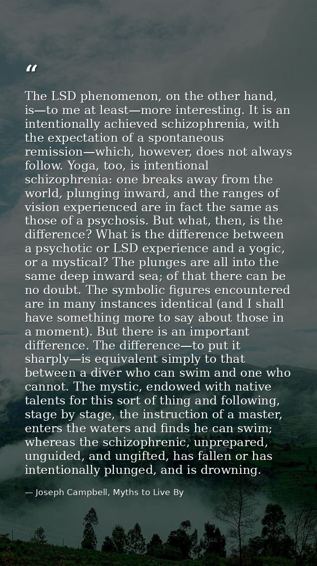 The LSD phenomenon, on the other hand, is—to me at least—more interesting. It is an intentionally achieved schizophrenia — Joseph Campbell, Myths to Live By