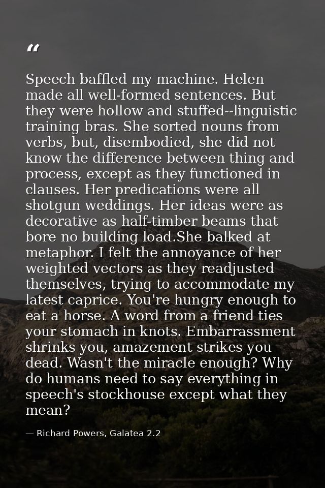 Speech baffled my machine. Helen made all well-formed sentences. But they were hollow and stuffed--linguistic training b — Richard Powers, Galatea 2.2