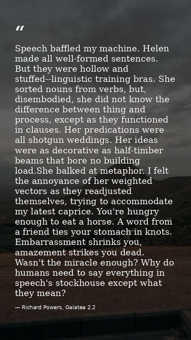 Speech baffled my machine. Helen made all well-formed sentences. But they were hollow and stuffed--linguistic training b — Richard Powers, Galatea 2.2