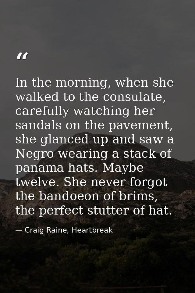 In the morning, when she walked to the consulate, carefully watching her sandals on the pavement, she glanced up and saw — Craig Raine, Heartbreak